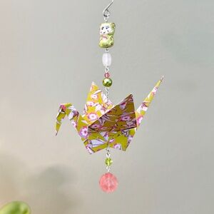 Origami Ornament #2342 - Large Crane with Ceramic & Stone Beads
